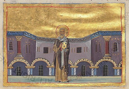 St. Amphilochius of Iconium (c. 340-394), by Authors of Menologion of Basil II (circa 985 AC, Constantinople), Byzantine manuscript illuminators [1] : Pantoleon with Georgios, Michael the Younger, Michael of Blachernae, Symeon, Symeon of Blachernae, Menas, and Nestor ( Online on Vatican site ), 0985