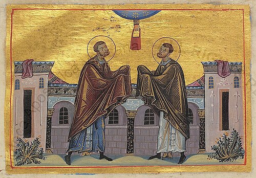 Ss. Cosmas and Damian of Asia, by Authors of Menologion of Basil II (circa 985 AC, Constantinople), Byzantine manuscript illuminators [1] : Pantoleon with Georgios, Michael the Younger, Michael of Blachernae, Symeon, Symeon of Blachernae, Menas, and Nestor ( Online on Vatican site ), 0985