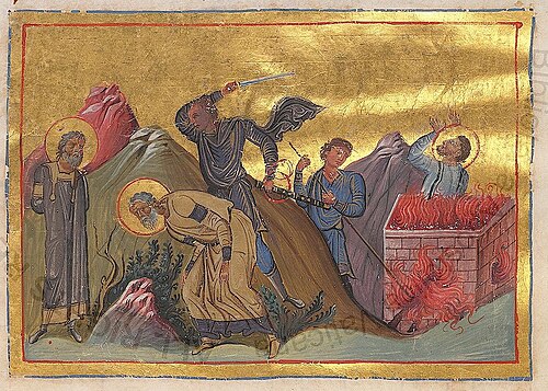 Ss. Gurias, Samonas and Abibus, by Authors of Menologion of Basil II (circa 985 AC, Constantinople), Byzantine manuscript illuminators [1] : Pantoleon with Georgios, Michael the Younger, Michael of Blachernae, Symeon, Symeon of Blachernae, Menas, and Nestor ( Online on Vatican site ), 10th century