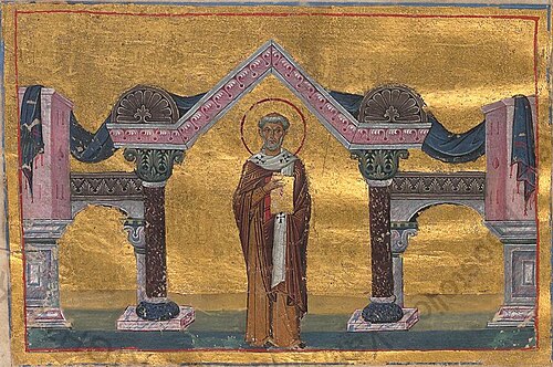 Святитель Лев Великий, папа Римский, автор: Authors of Menologion of Basil II (circa 985 AC, Constantinople), Byzantine manuscript illuminators [1] : Pantoleon with Georgios, Michael the Younger, Michael of Blachernae, Symeon, Symeon of Blachernae, Menas, and Nestor ( Online on Vatican site ), 0985