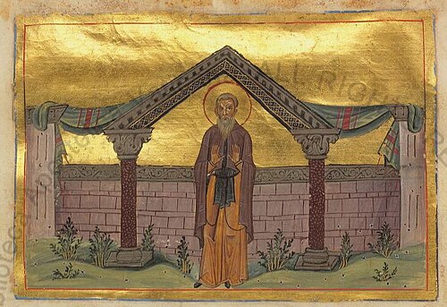 St. Marcellus of the Unsleeping Ones (d. 485), by Authors of Menologion of Basil II (circa 985 AC, Constantinople), Byzantine manuscript illuminators [1] : Pantoleon with Georgios, Michael the Younger, Michael of Blachernae, Symeon, Symeon of Blachernae, Menas, and Nestor ( Online on Vatican site ), 0985