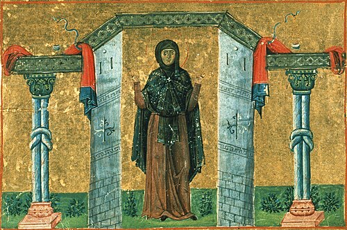 St. Melania the Younger (c. 383-439), by Authors of Menologion of Basil II (circa 985 AC, Constantinople), Byzantine manuscript illuminators [1] : Pantoleon with Georgios, Michael the Younger, Michael of Blachernae, Symeon, Symeon of Blachernae, Menas, and Nestor ( Online on Vatican site ), 0985