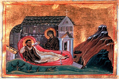 Преподобни Роман Слаткопојац (око 490–556), аутор: Authors of Menologion of Basil II (circa 985 AC, Constantinople), Byzantine manuscript illuminators [1] : Pantoleon with Georgios, Michael the Younger, Michael of Blachernae, Symeon, Symeon of Blachernae, Menas, and Nestor ( Online on Vatican site ), 0985
